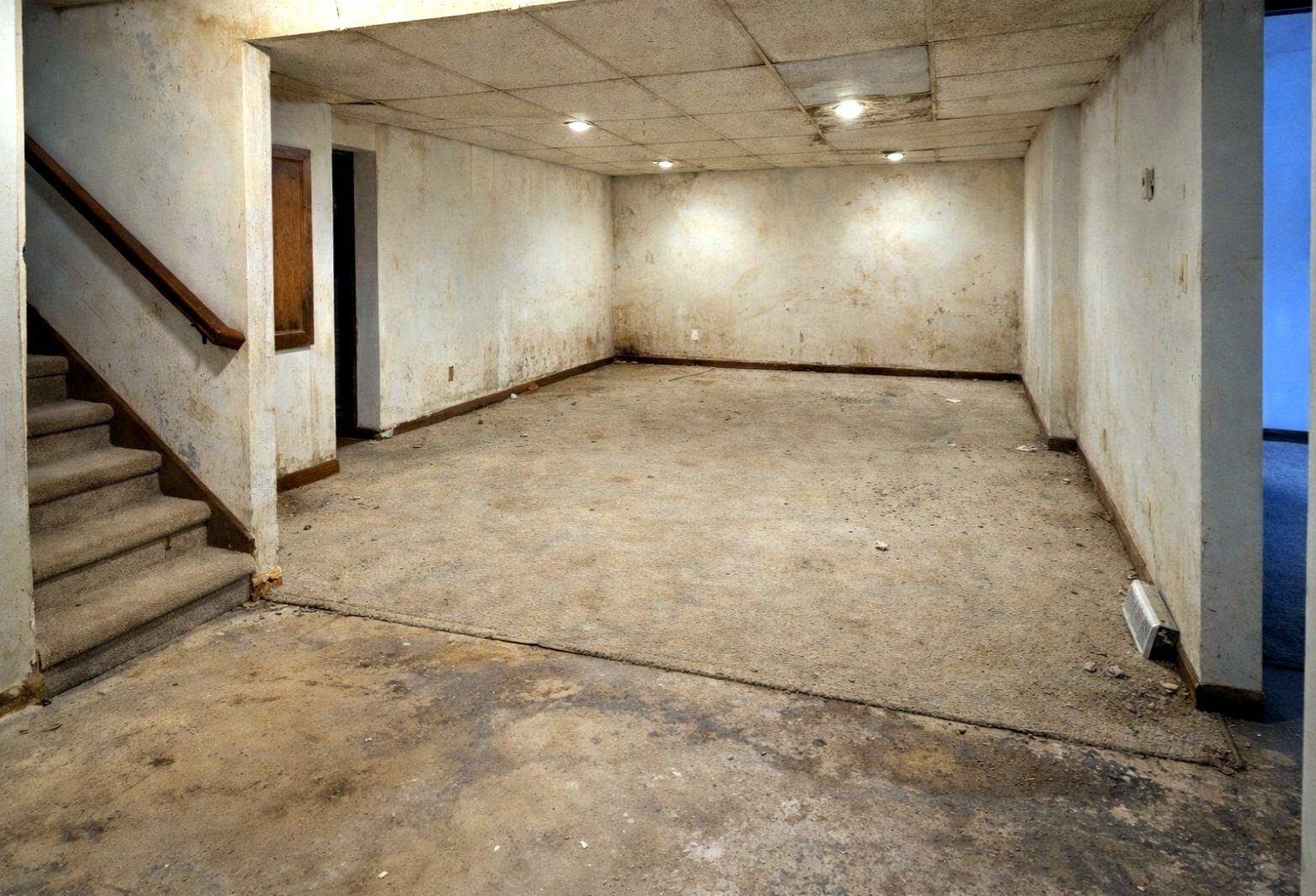 Reliable Renovators basement remodeling before unfinished damaged basement in Metro Detroit