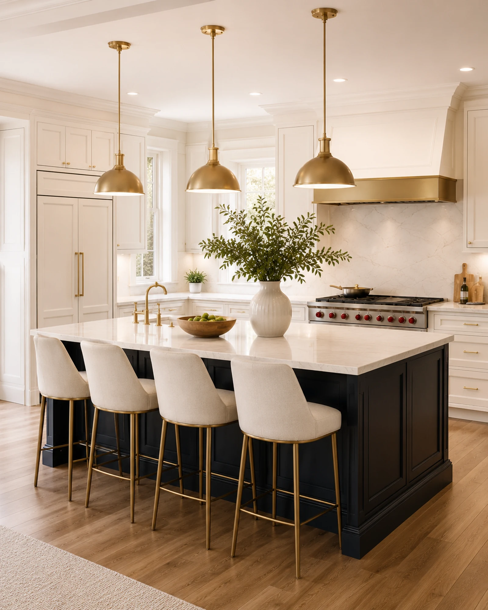 Premium kitchen remodeling with navy island, gold fixtures, and bright cabinetry by Reliable Renovators