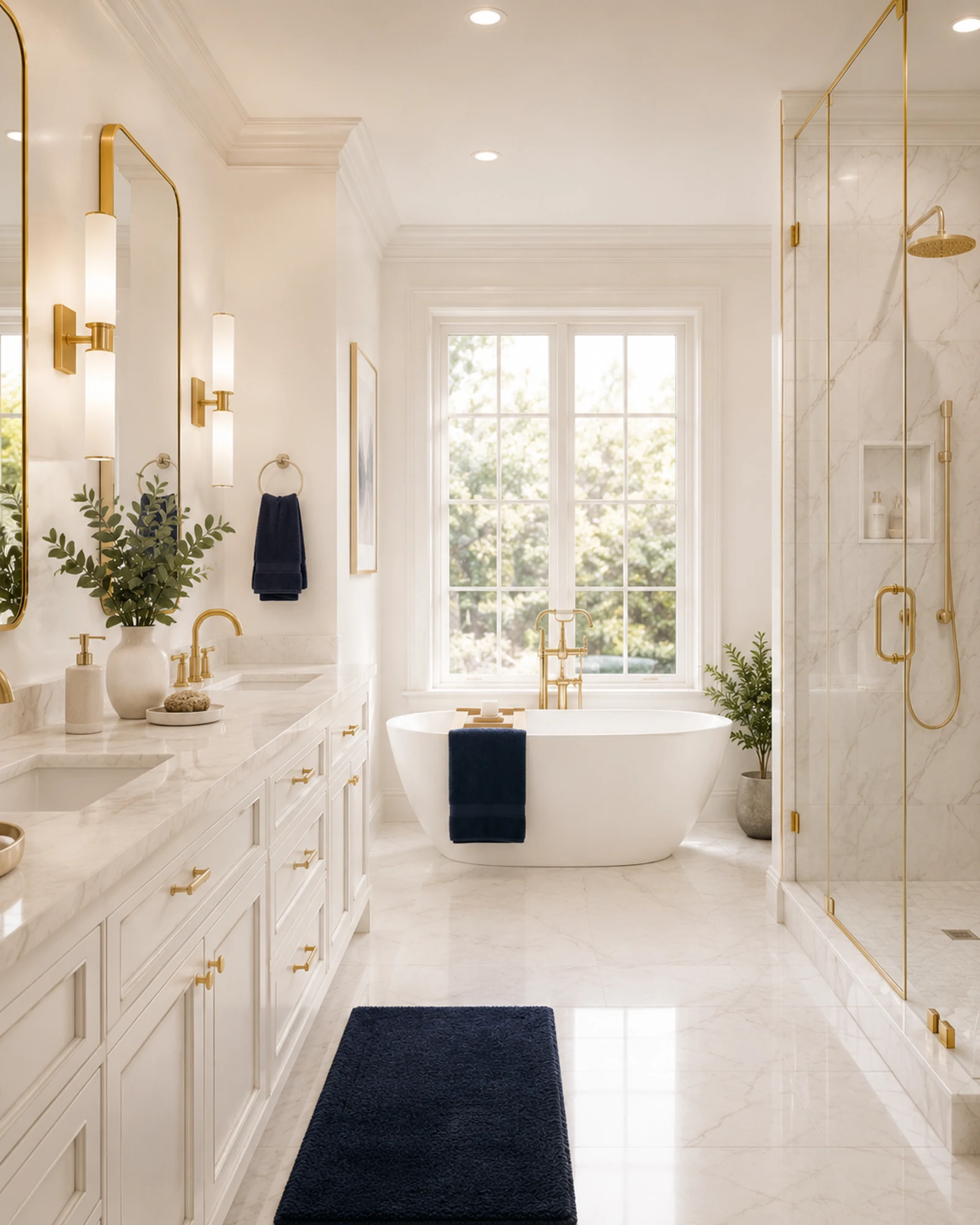 Luxury bathroom remodeling with marble finishes, gold fixtures, and bright natural light by Reliable Renovators