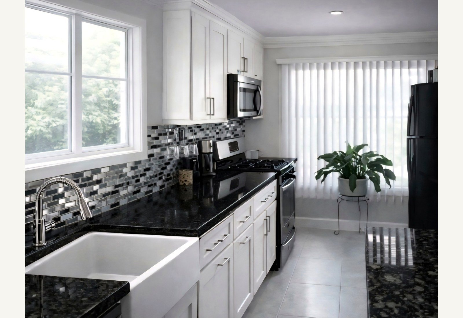 Reliable Renovators kitchen after photo with black countertops and glass backsplash in Metro Detroit