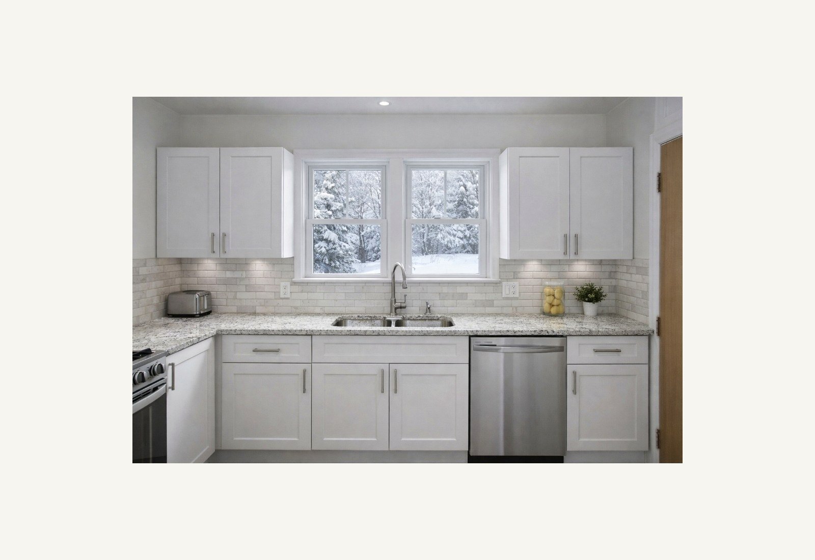 Reliable Renovators kitchen after photo with white cabinets and finished sink wall in Metro Detroit